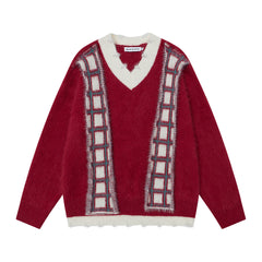 Faux Mink Plaid Scarf‑Decor V‑Neck Knit Sweater