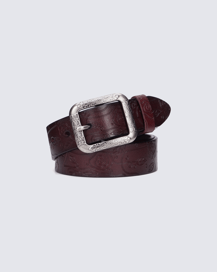 Retro Floral Embossed Leather Belt with Vintage Buckle – Chestnut Brown