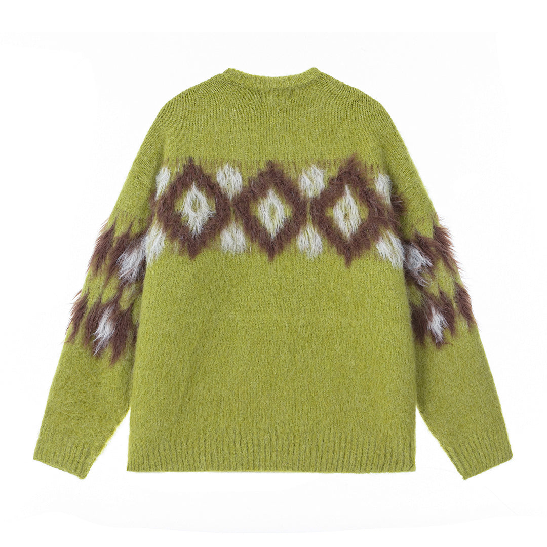 Fuzzy Geometric Diamond Jacquard Crewneck Sweater