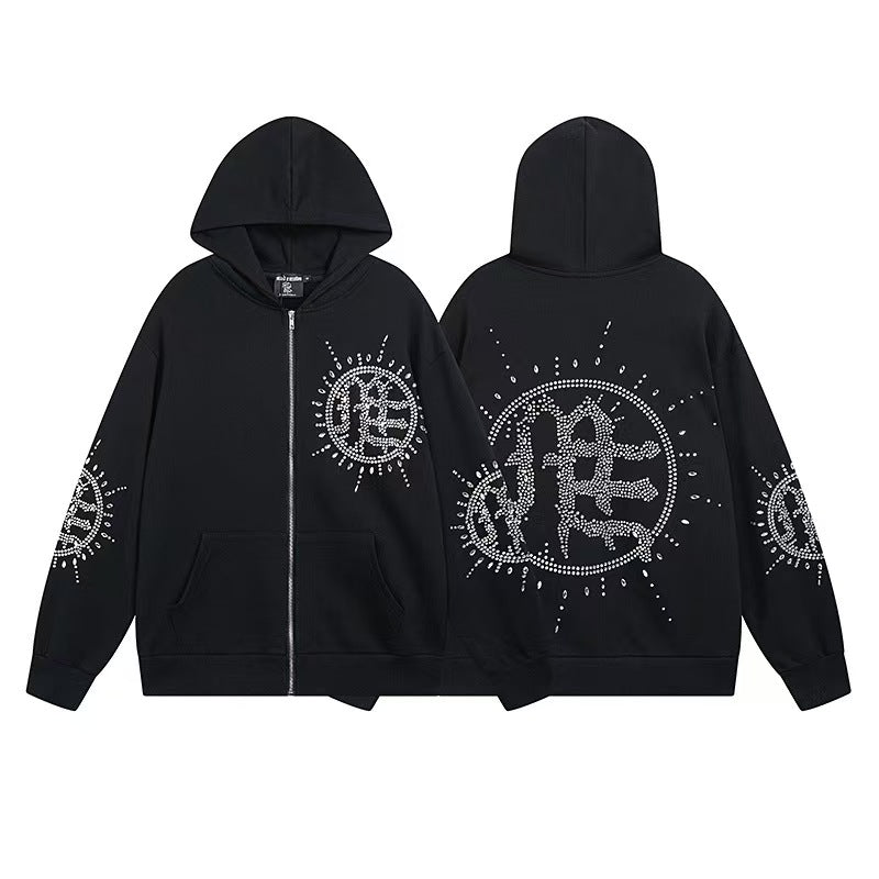 Mixed Emotions Eclipse Rhinestone Hoodie Acid Wash Grey