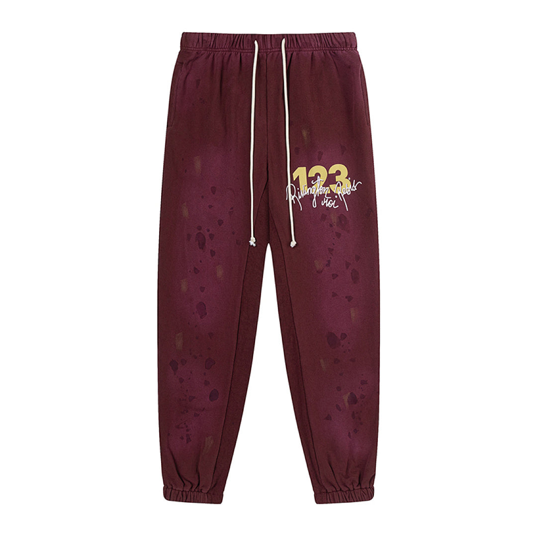RRR123 Rivington 123 Gold Print Burgundy Splash‑Dye Jogger Pants