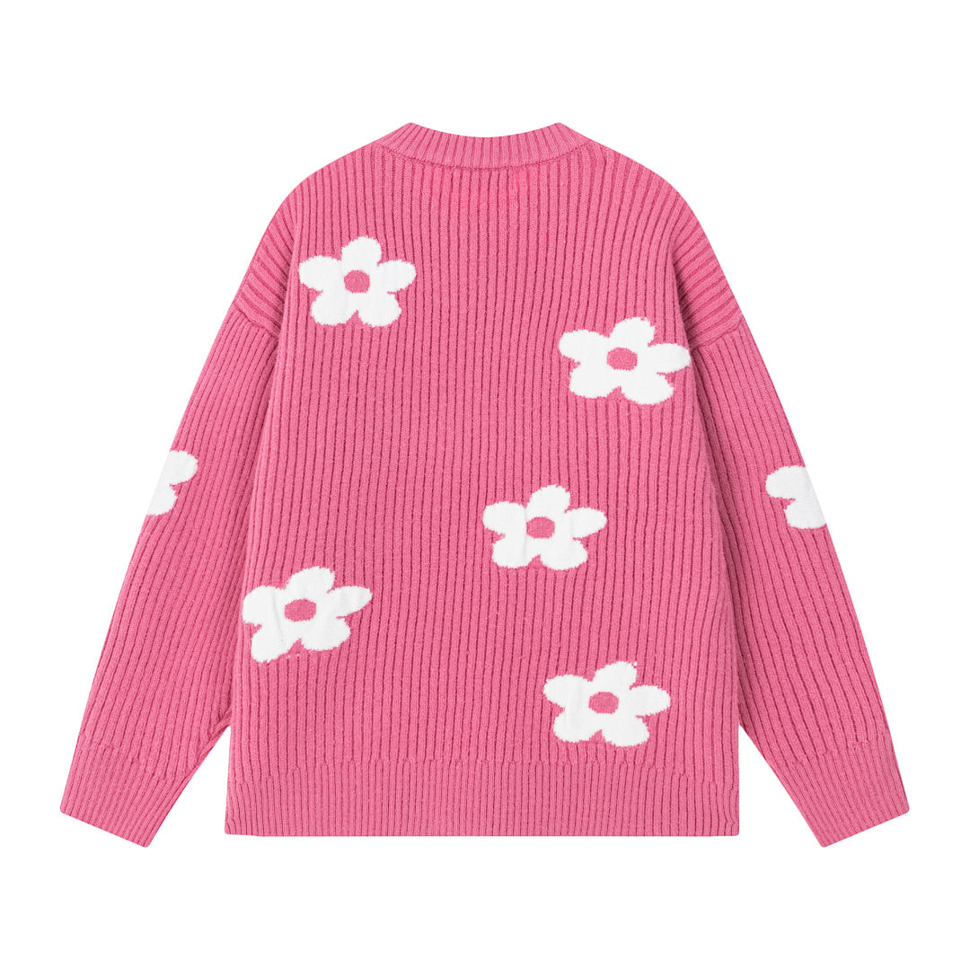 Floral Motif Ribbed Crewneck Knit Sweater