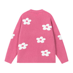 Floral Motif Ribbed Crewneck Knit Sweater