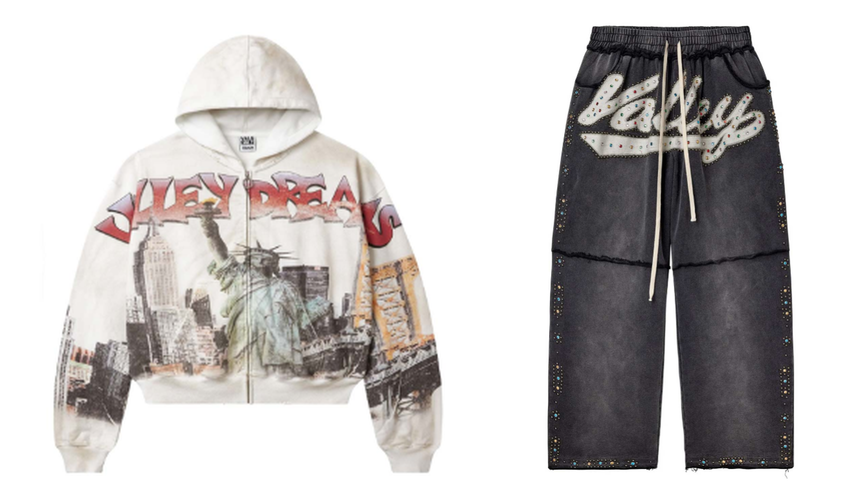 Valley Dreams NYC Graphic Zip‑Up Hoodie & Rhinestone Wide‑Leg Sweatpants Set