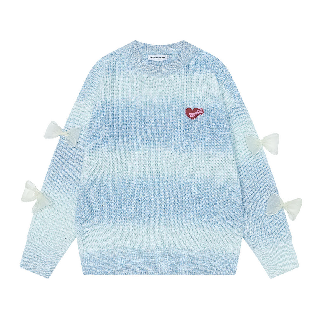 Gradient Knit Sweater Organza Bow & Heart Patch