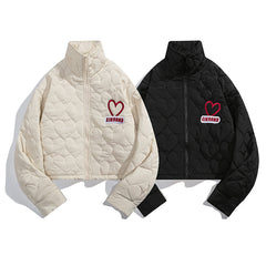 Heart Quilted Cropped Puffer Jacket Heart Embroidery