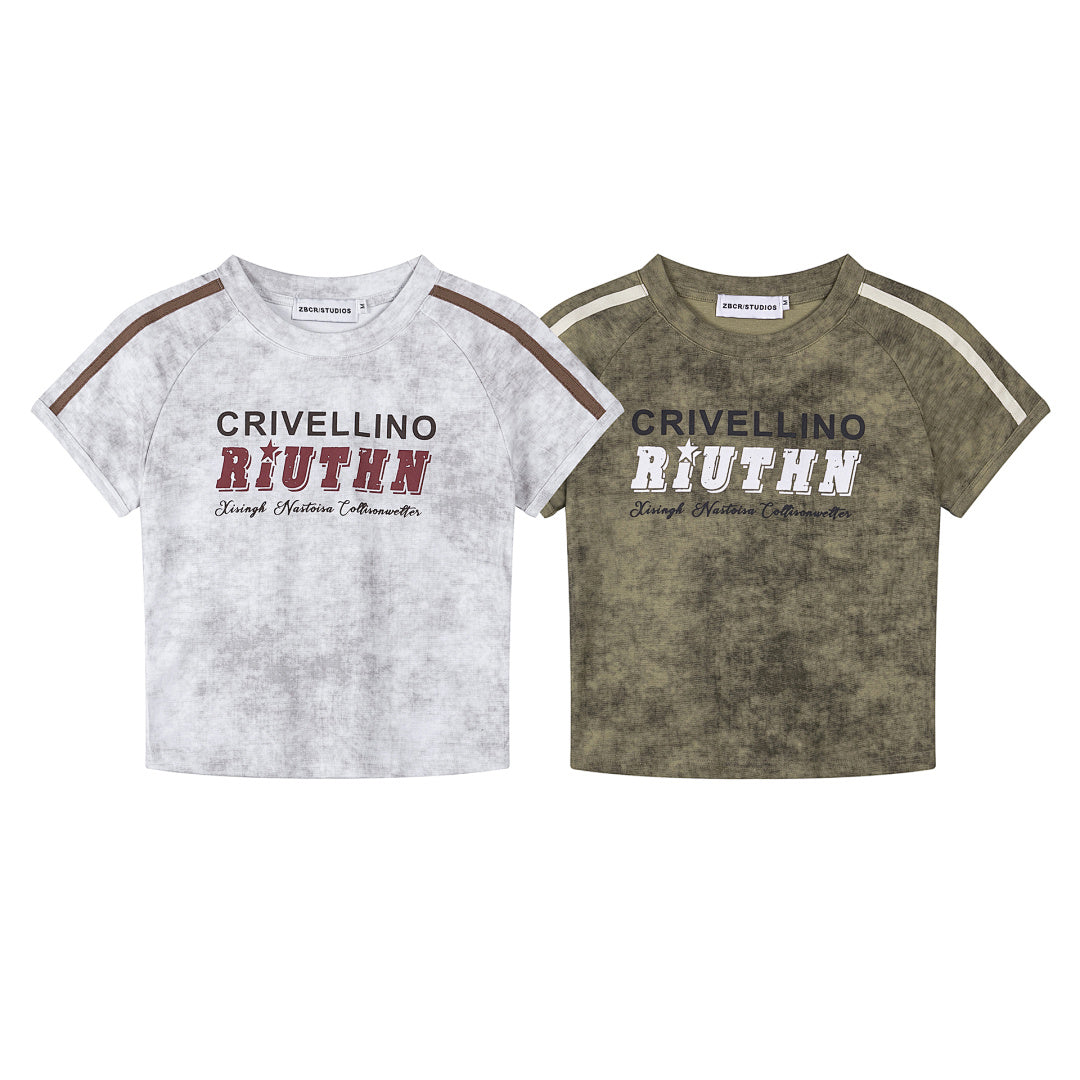 Wash‑Effect Letter Print Raglan Crop Tee