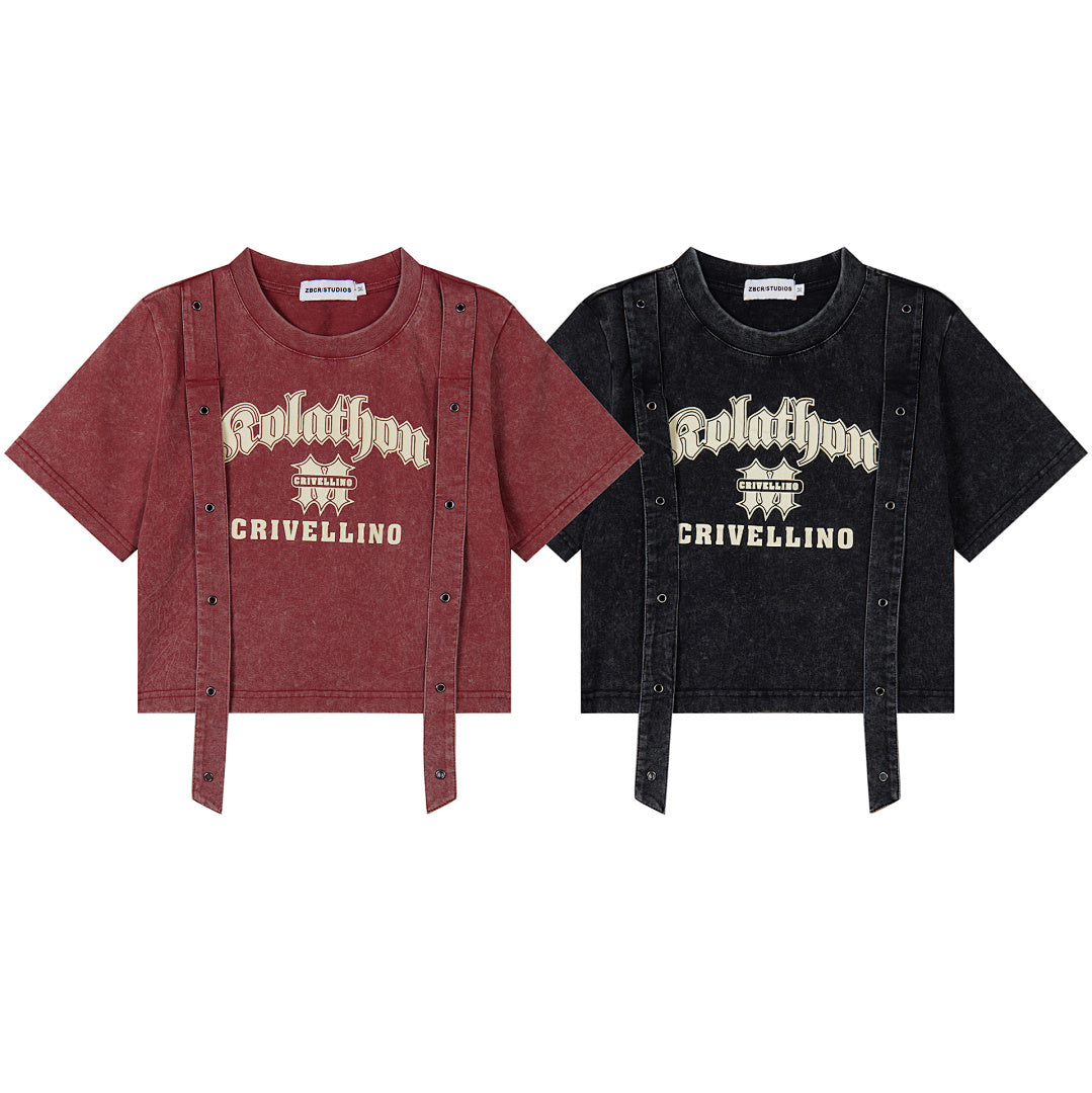 Washed Gothic Letter Rivet Strap Cropped Tee