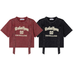 Washed Gothic Letter Rivet Strap Cropped Tee