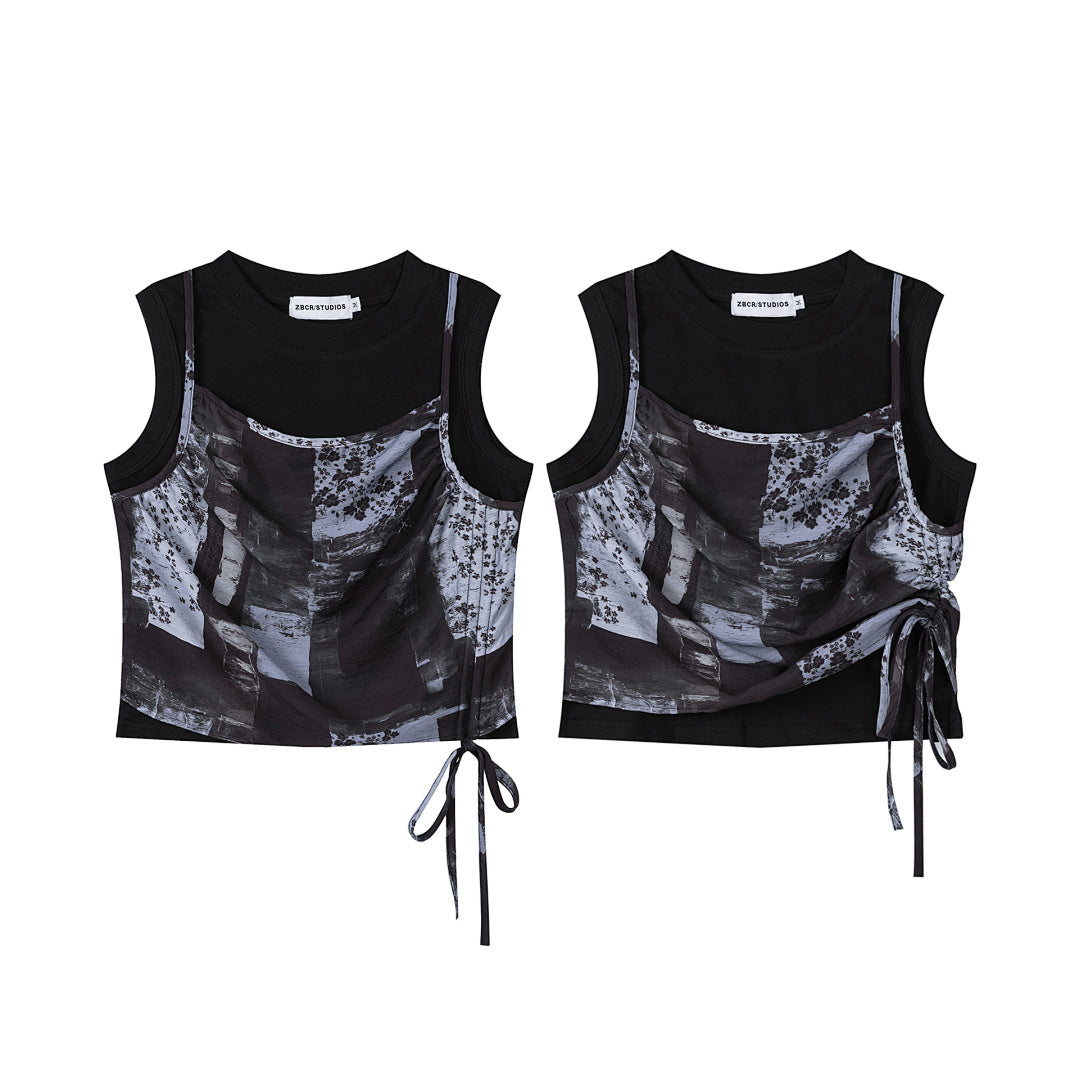 Abstract Floral Print Side Tie Layered‑Look Tank