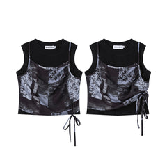 Abstract Floral Print Side Tie Layered‑Look Tank