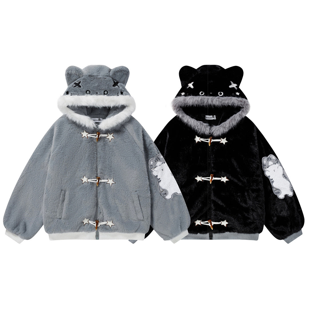 3D Cat Ear Plush Toggle Coat Star Accents Sleeve Patches