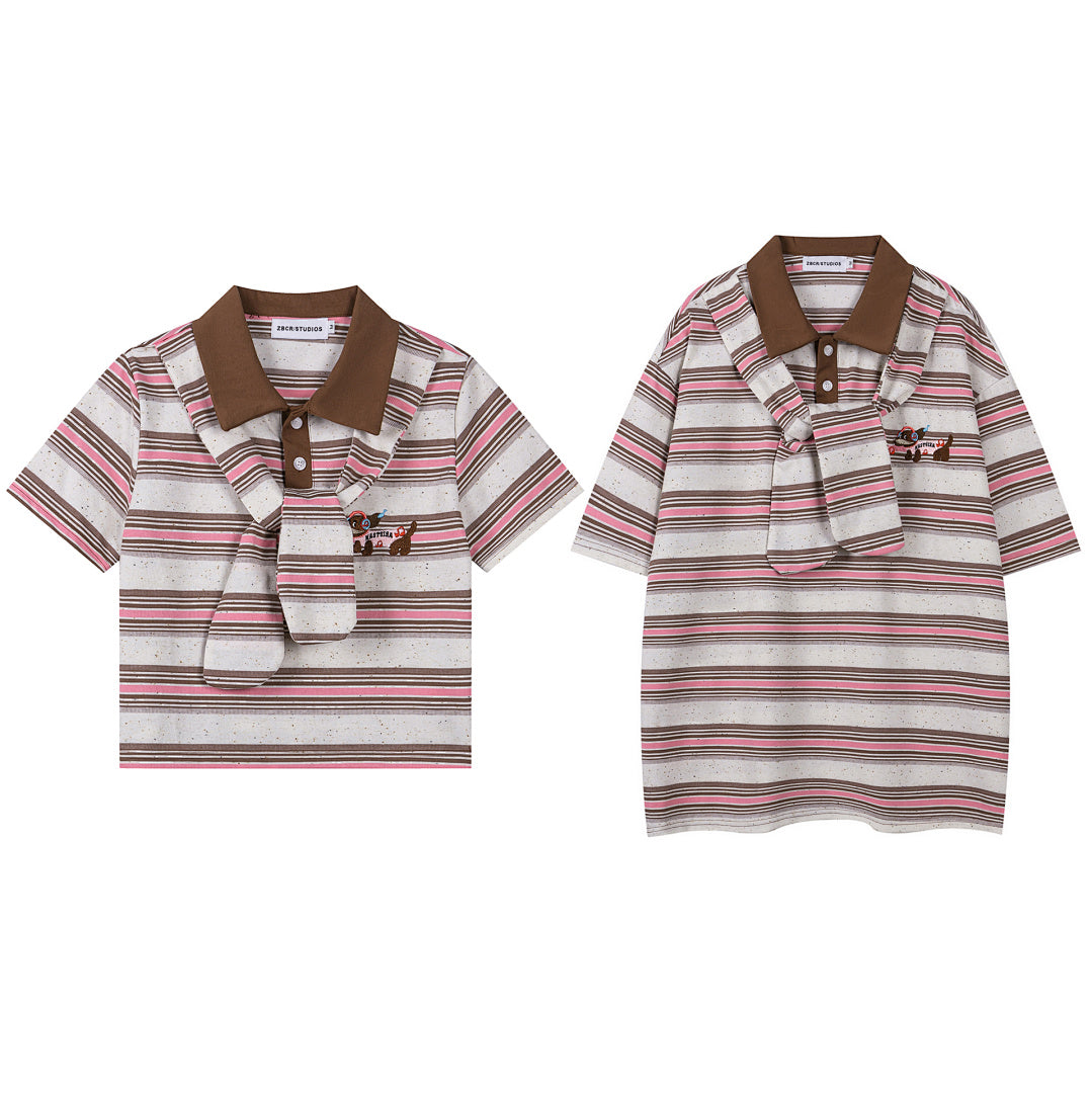 Striped Polo With Detachable Scarf, Cropped & Oversized