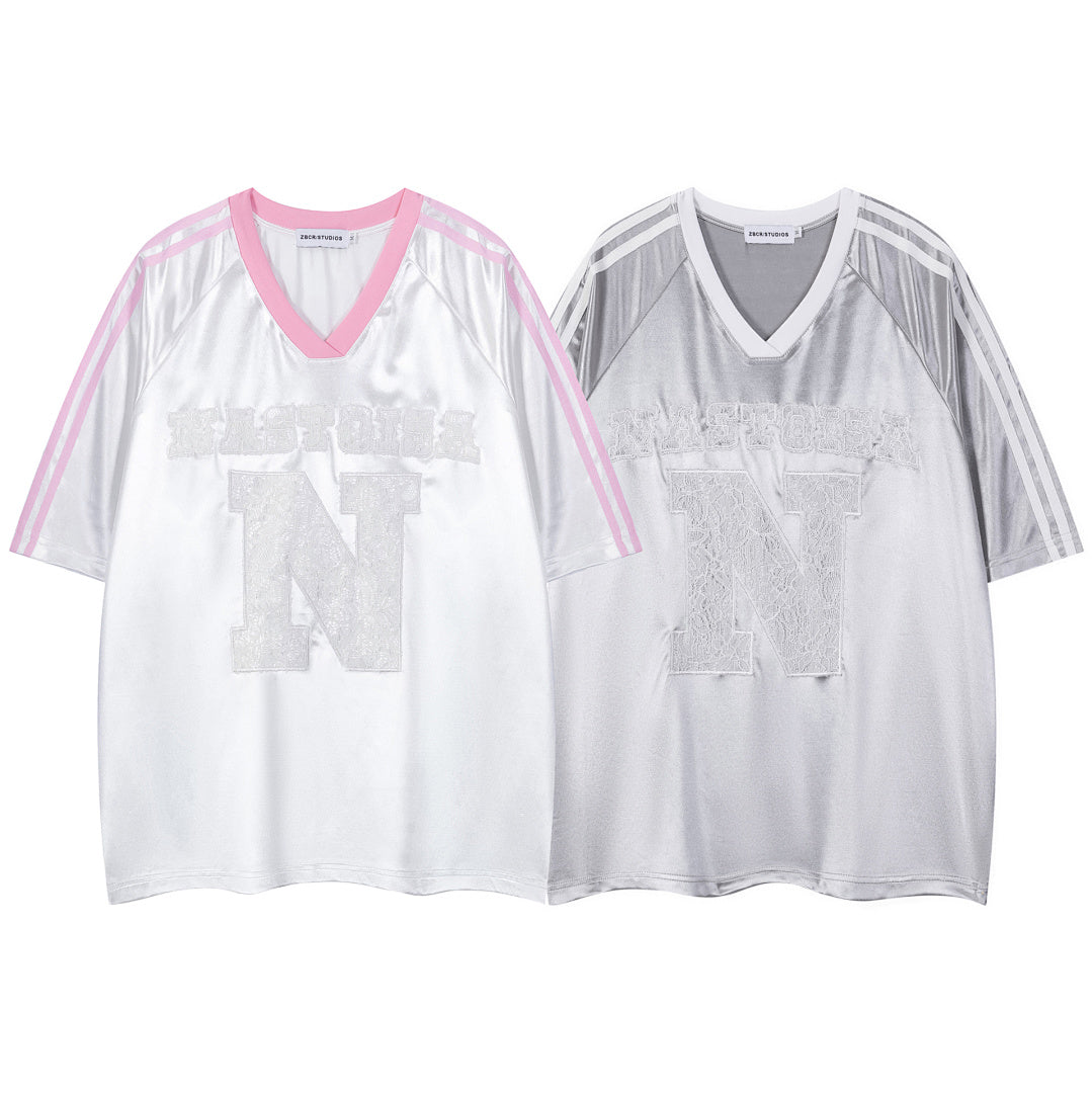 Satin Lace Patch V‑Neck Striped Jersey Top