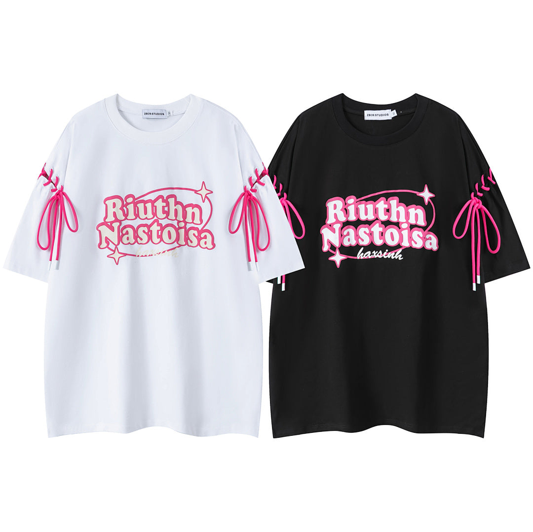 Retro Font Print Side Sleeve Lace‑Up Oversized Tee
