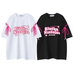 Retro Font Print Side Sleeve Lace‑Up Oversized Tee
