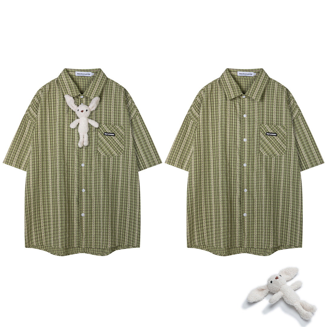 Green Plush Bunny Detachable Ornament Short Sleeve Plaid Shirt