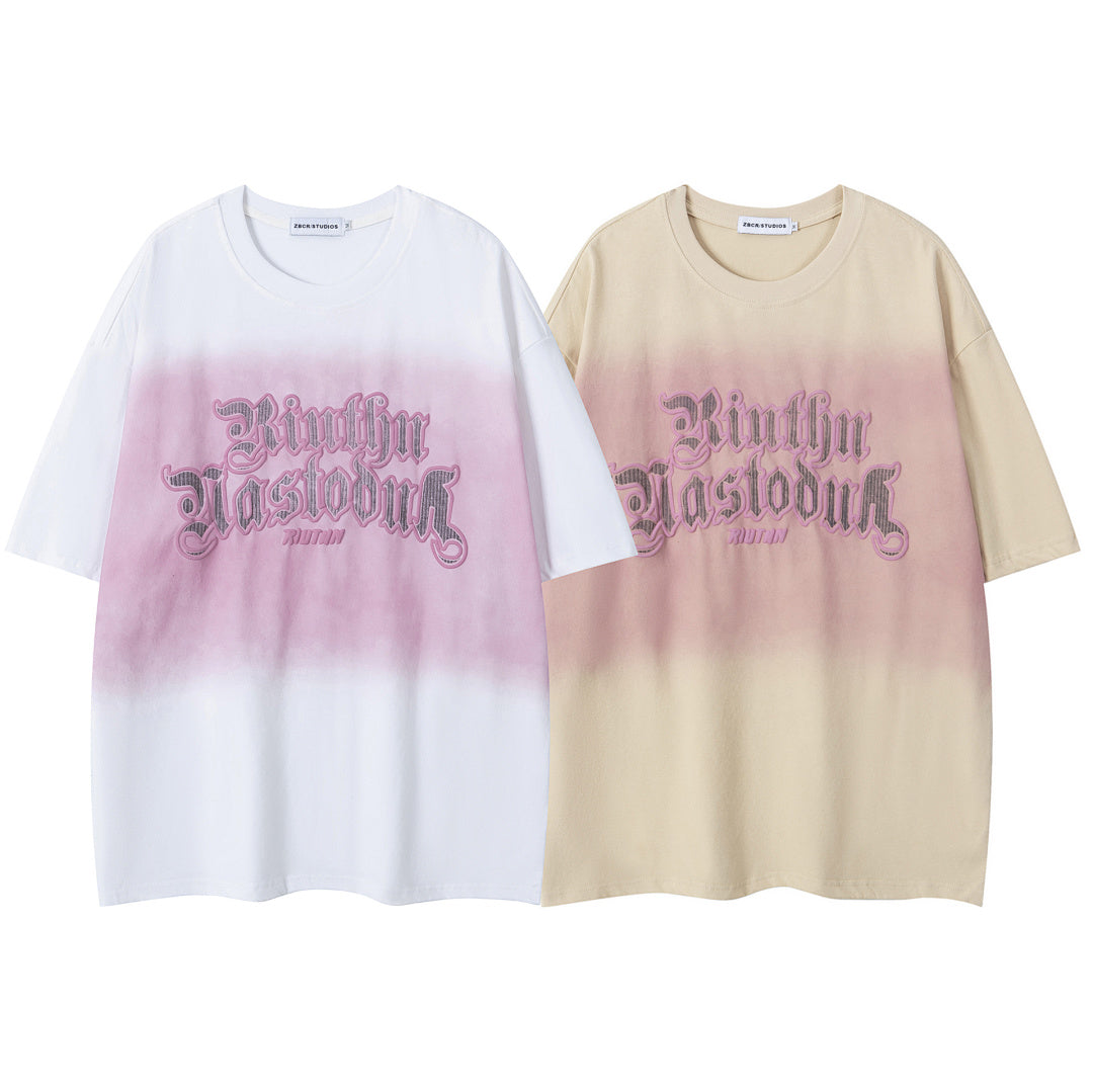Gradient Wash Gothic Letter Embroidery Oversized Tee