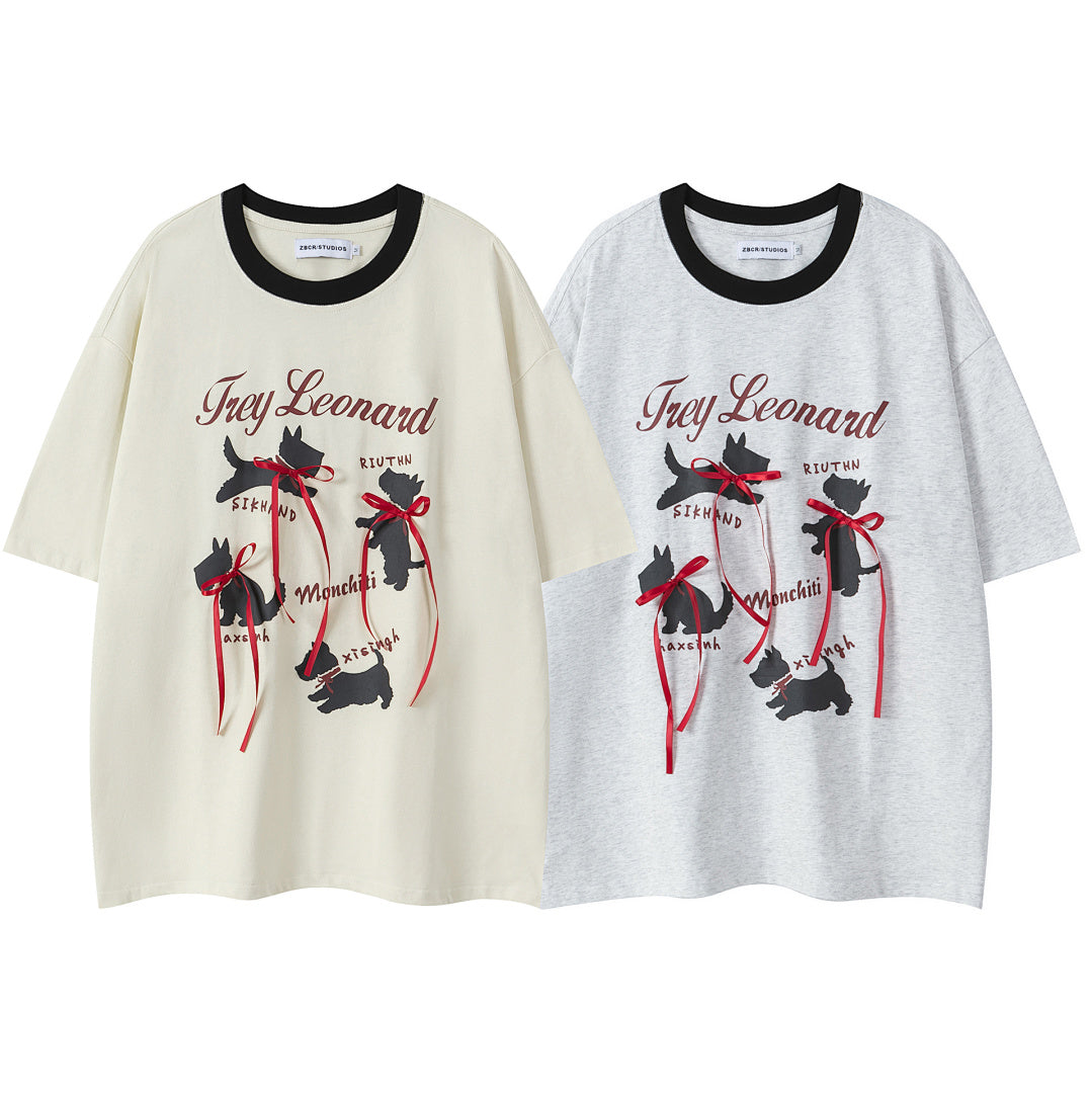 Dog Silhouette Print Red Ribbon Ringer Tee