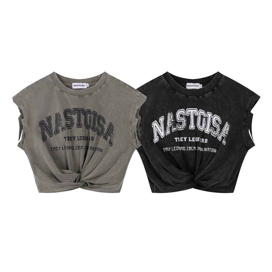Washed Vintage Letter Twist Front Cut‑Off Tank Top