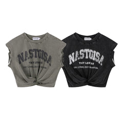 Washed Vintage Letter Twist Front Cut‑Off Tank Top