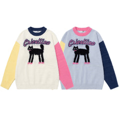 Color Block Sleeve Fuzzy Knit Sweater With Black Cat Graphic