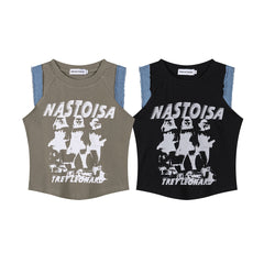 Distorted Figure Print Denim Trim Raglan Tank Top