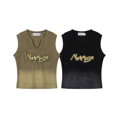 Gradient Wash Raw Edge Letter Patch V‑Notch Tank Top