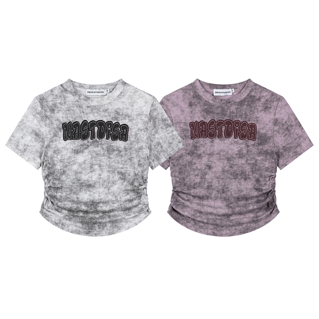 Wash‑Dye Embroidered Ruched Curved Hem Tee
