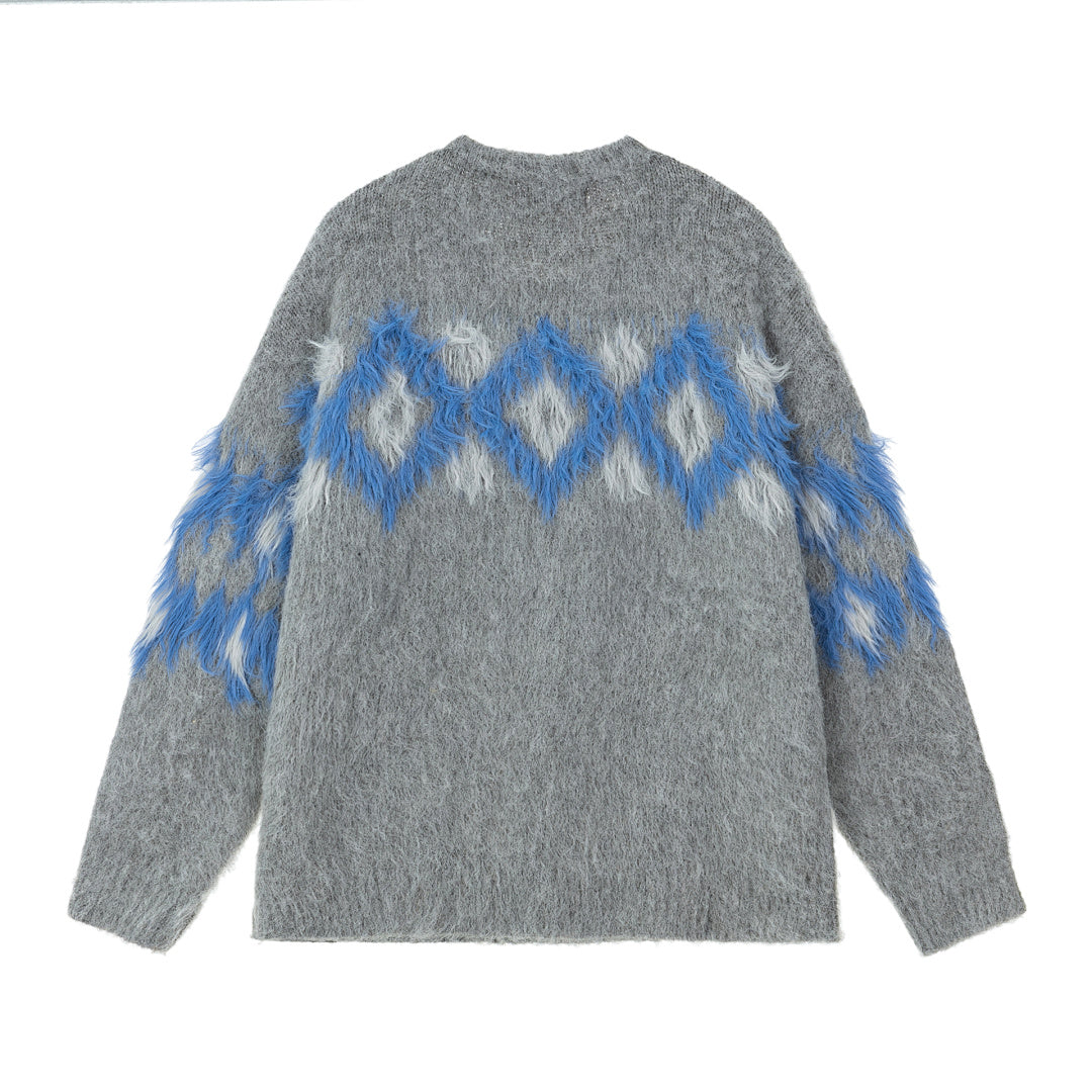 Fuzzy Geometric Diamond Jacquard Crewneck Sweater