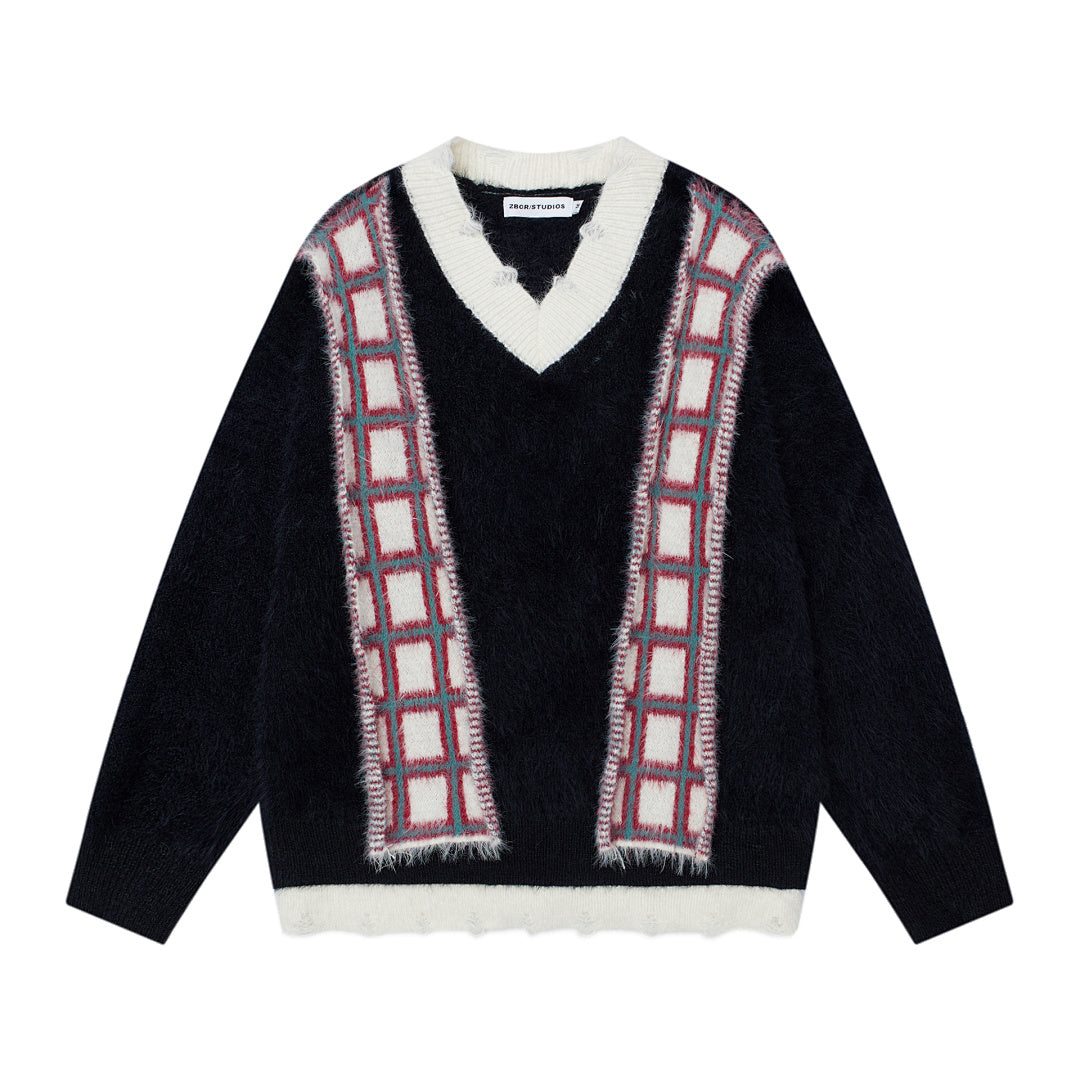 Faux Mink Plaid Scarf‑Decor V‑Neck Knit Sweater