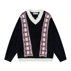 Faux Mink Plaid Scarf‑Decor V‑Neck Knit Sweater