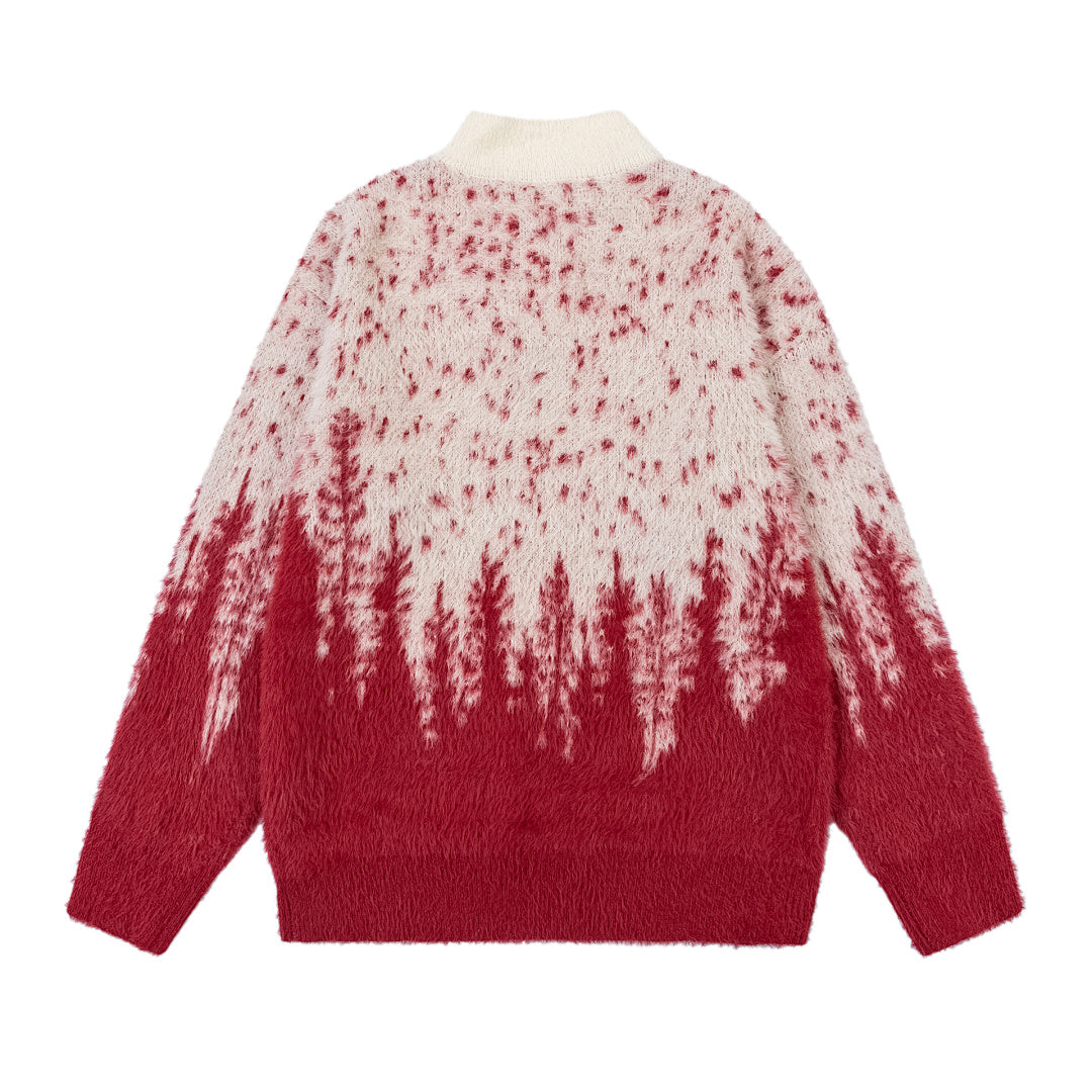 Gradient Forest Pattern Frog Button Fuzzy Knit Sweater