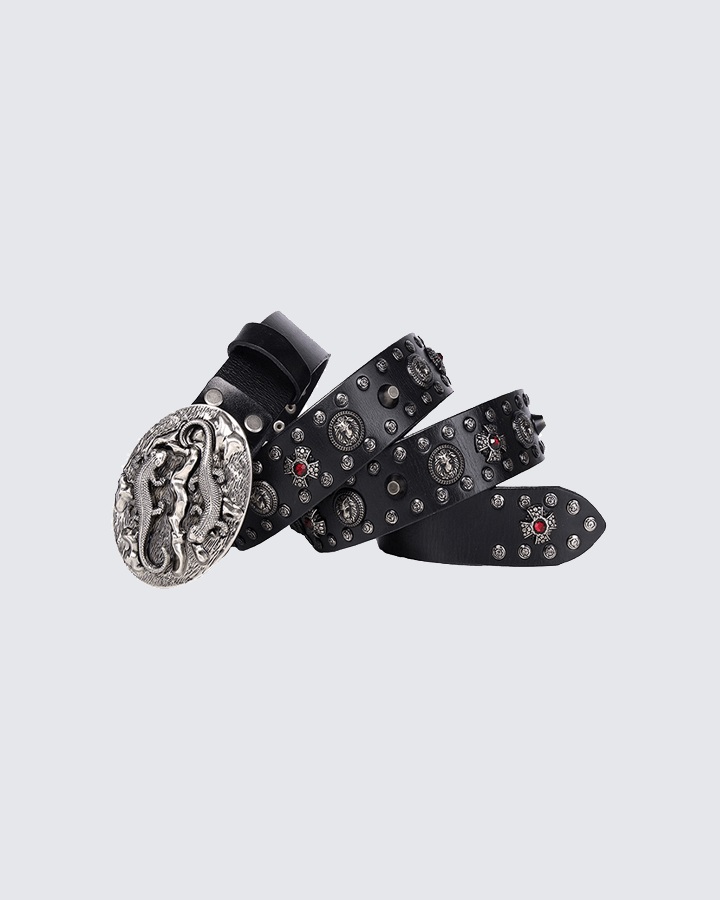 Embossed Dragon Buckle Studded Leather Belt