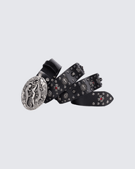 Embossed Dragon Buckle Studded Leather Belt