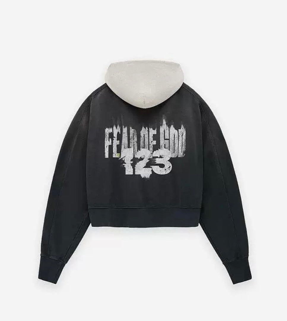 RRR123 Fear Of God Distressed Print Cropped Hoodie