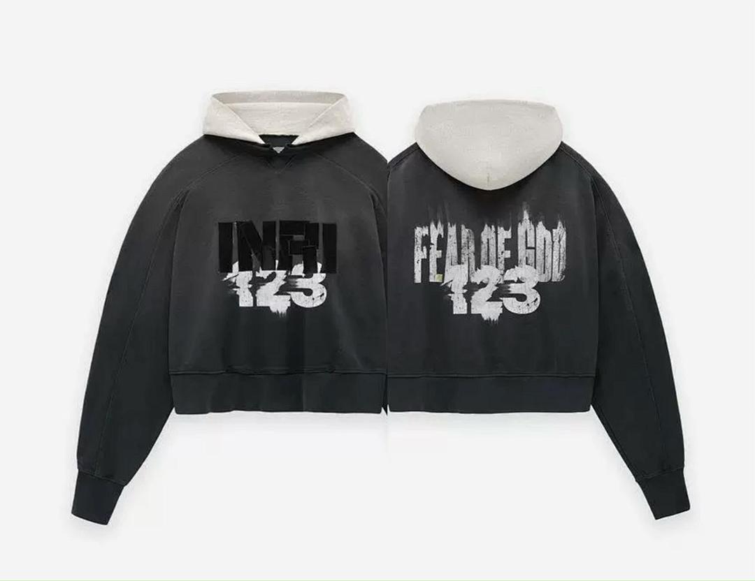 RRR123 Fear Of God Distressed Print Cropped Hoodie
