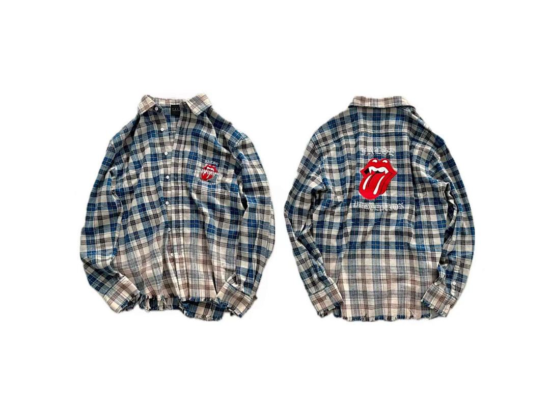Street Ace False Perception Tongue Print Distressed‑Hem Plaid Shirt