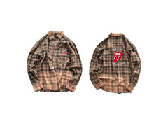 Street Ace False Perception Tongue Print Distressed‑Hem Brown Plaid Shirt