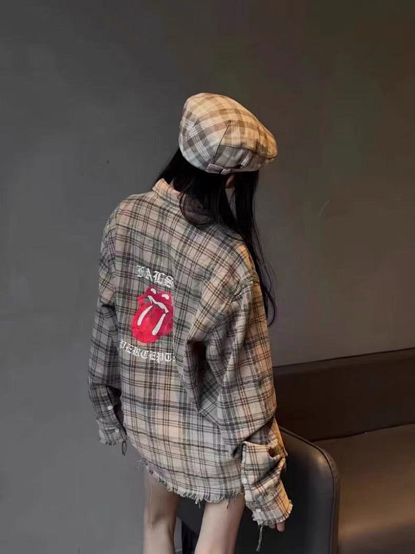 Street Ace False Perception Tongue Print Distressed‑Hem Brown Plaid Shirt
