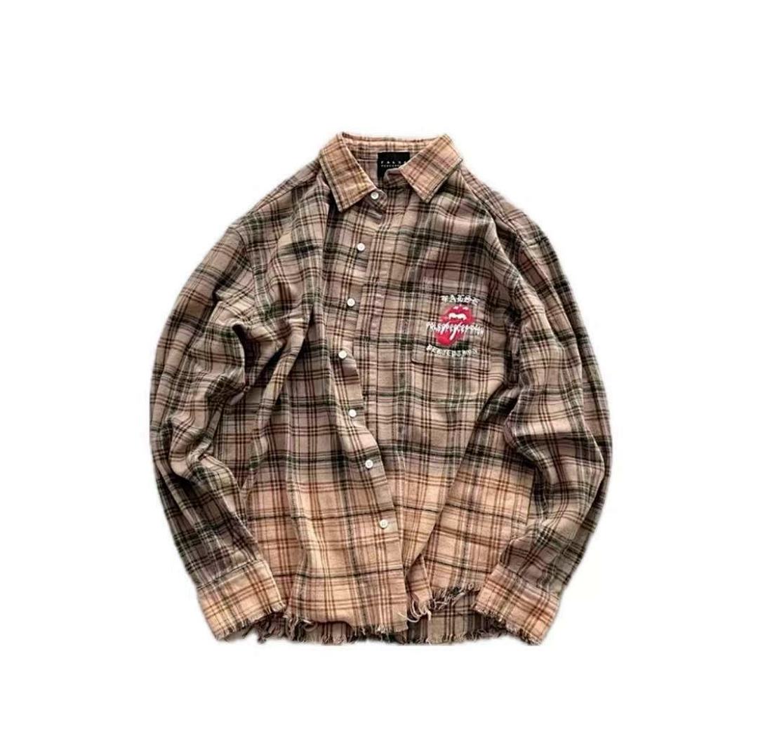 Street Ace False Perception Tongue Print Distressed‑Hem Brown Plaid Shirt