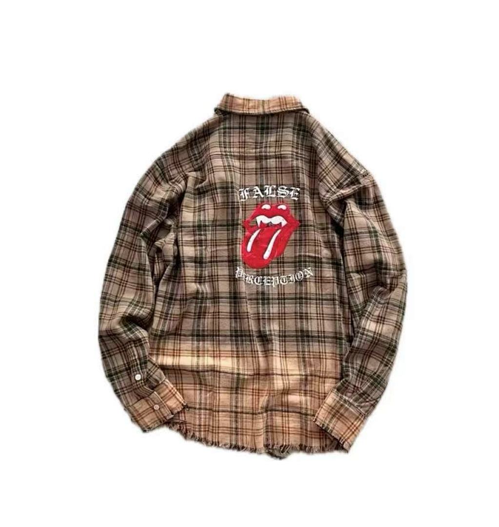 Street Ace False Perception Tongue Print Distressed‑Hem Brown Plaid Shirt