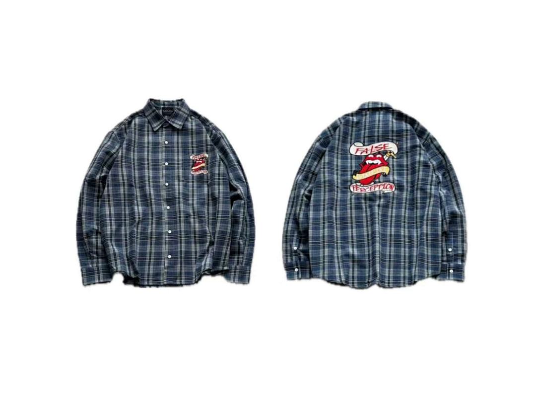 Street Ace False Perception Ribbon‑Tongue Blue‑Green Plaid Shirt