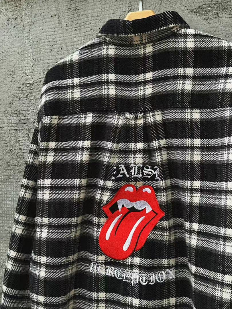 Street Ace False Perception Tongue Print Black‑White Plaid Shirt