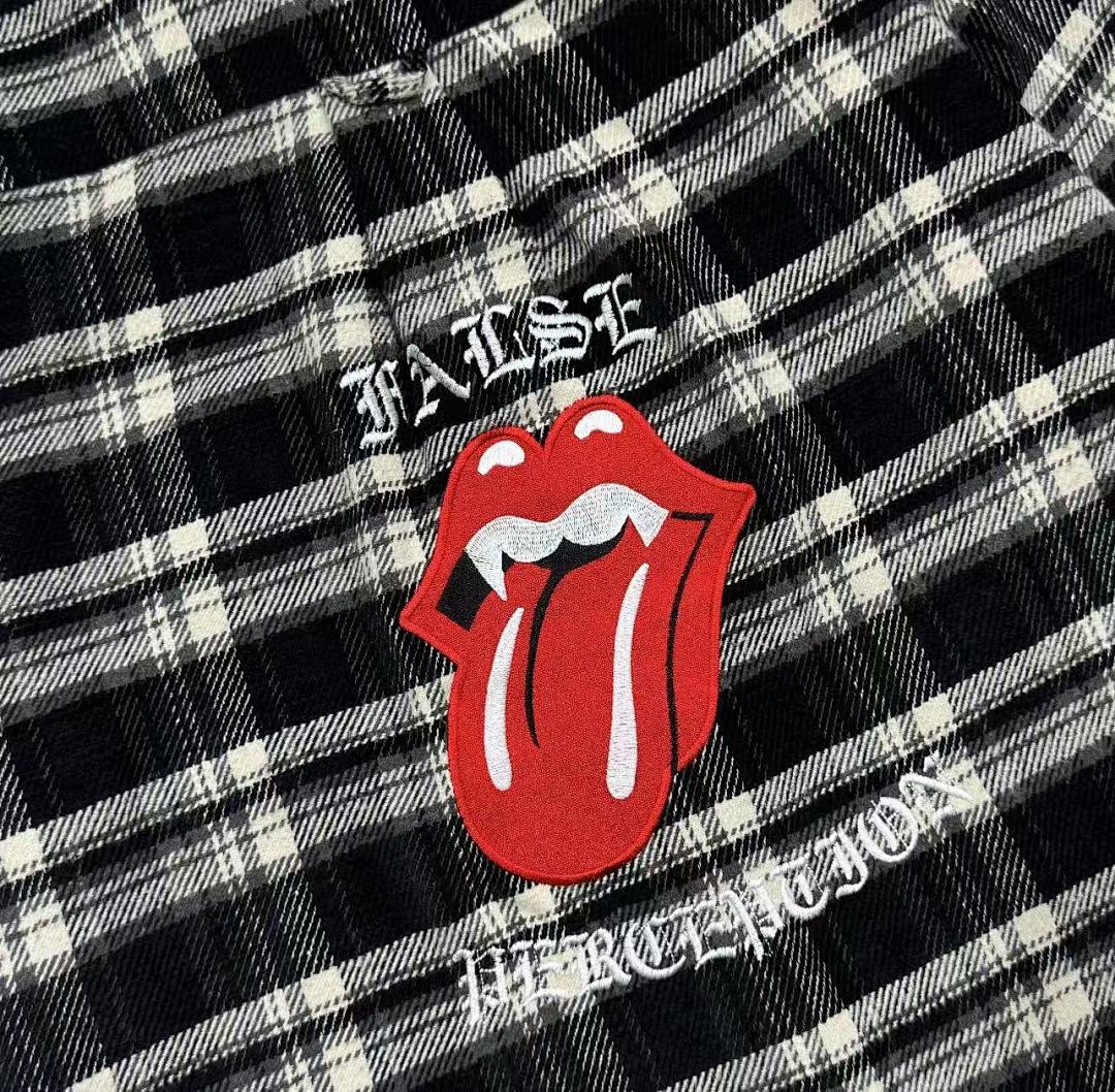Street Ace False Perception Tongue Print Black‑White Plaid Shirt