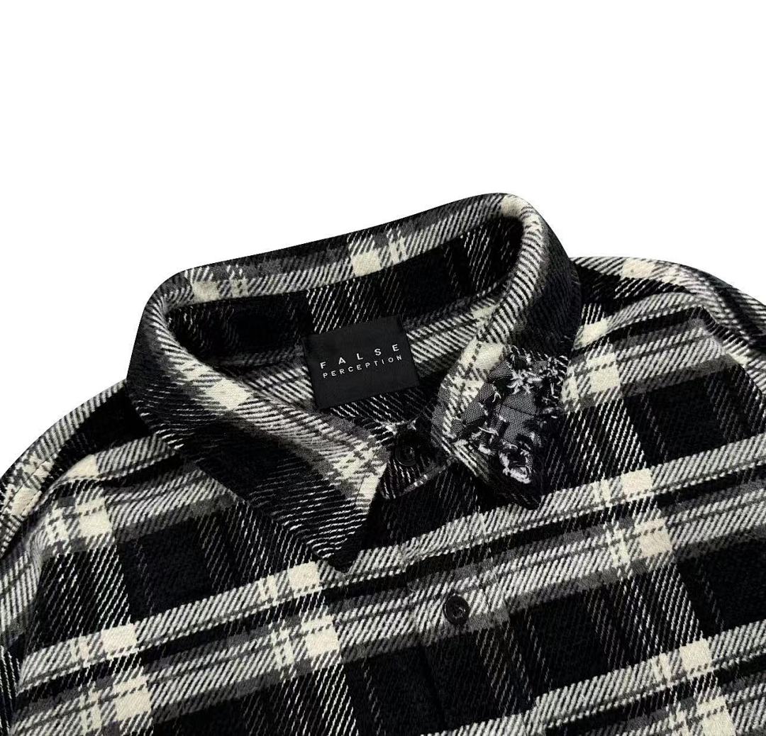 Street Ace False Perception Tongue Print Black‑White Plaid Shirt