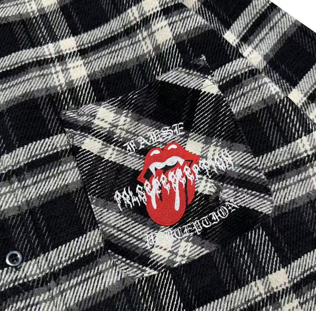 Street Ace False Perception Tongue Print Black‑White Plaid Shirt