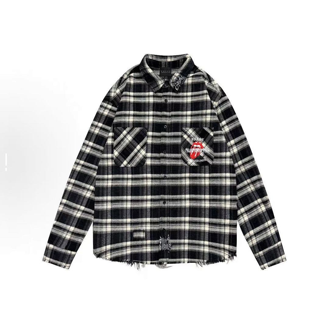 Street Ace False Perception Tongue Print Black‑White Plaid Shirt