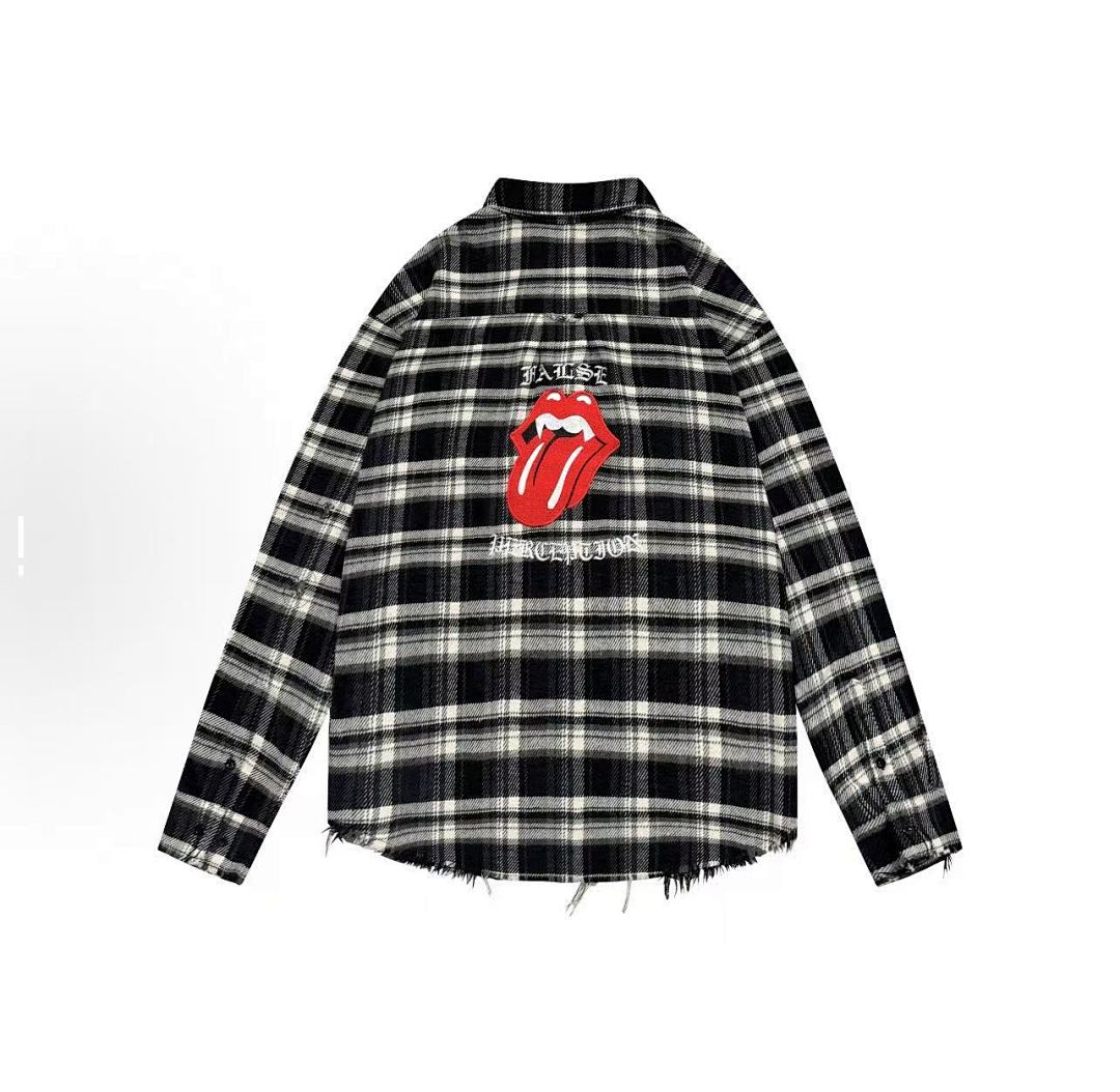 Street Ace False Perception Tongue Print Black‑White Plaid Shirt