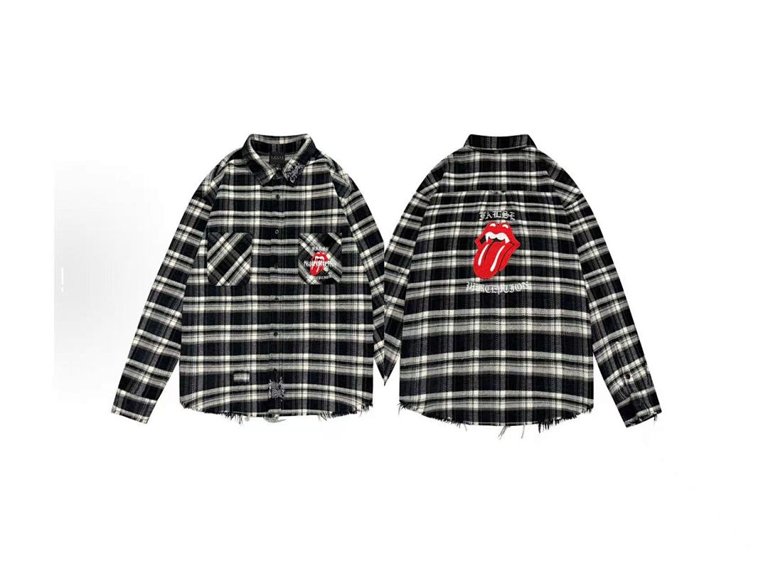 Street Ace False Perception Tongue Print Black‑White Plaid Shirt